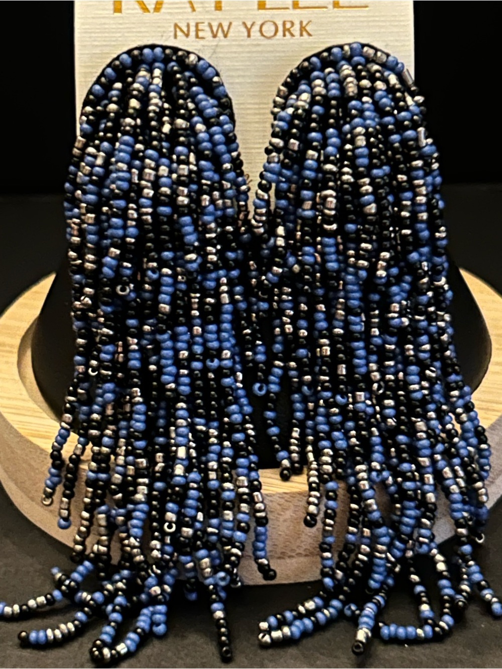 Kay Lee Blue, Black & Silver Hand Beaded Fringe Earrings with Push Backs